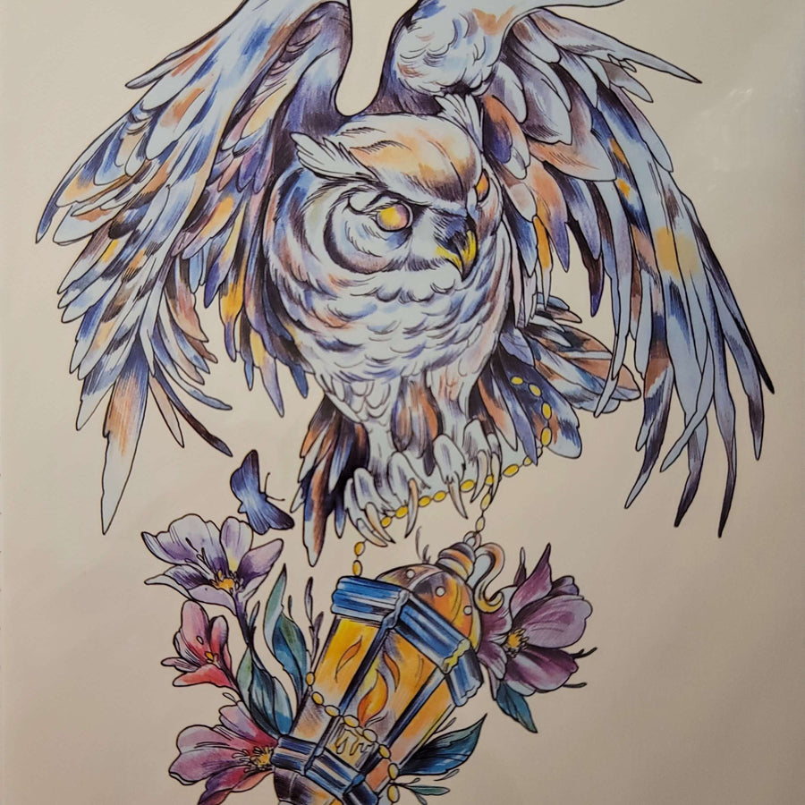 Lit Owl - 268 - 8"x 6" Temporary Tattoo