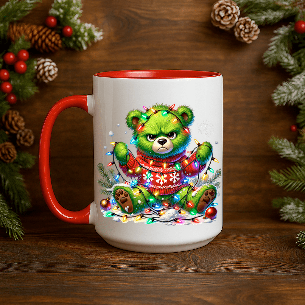 15oz Ceramic Mug - Bear Tangled In Lights - Pressing Images