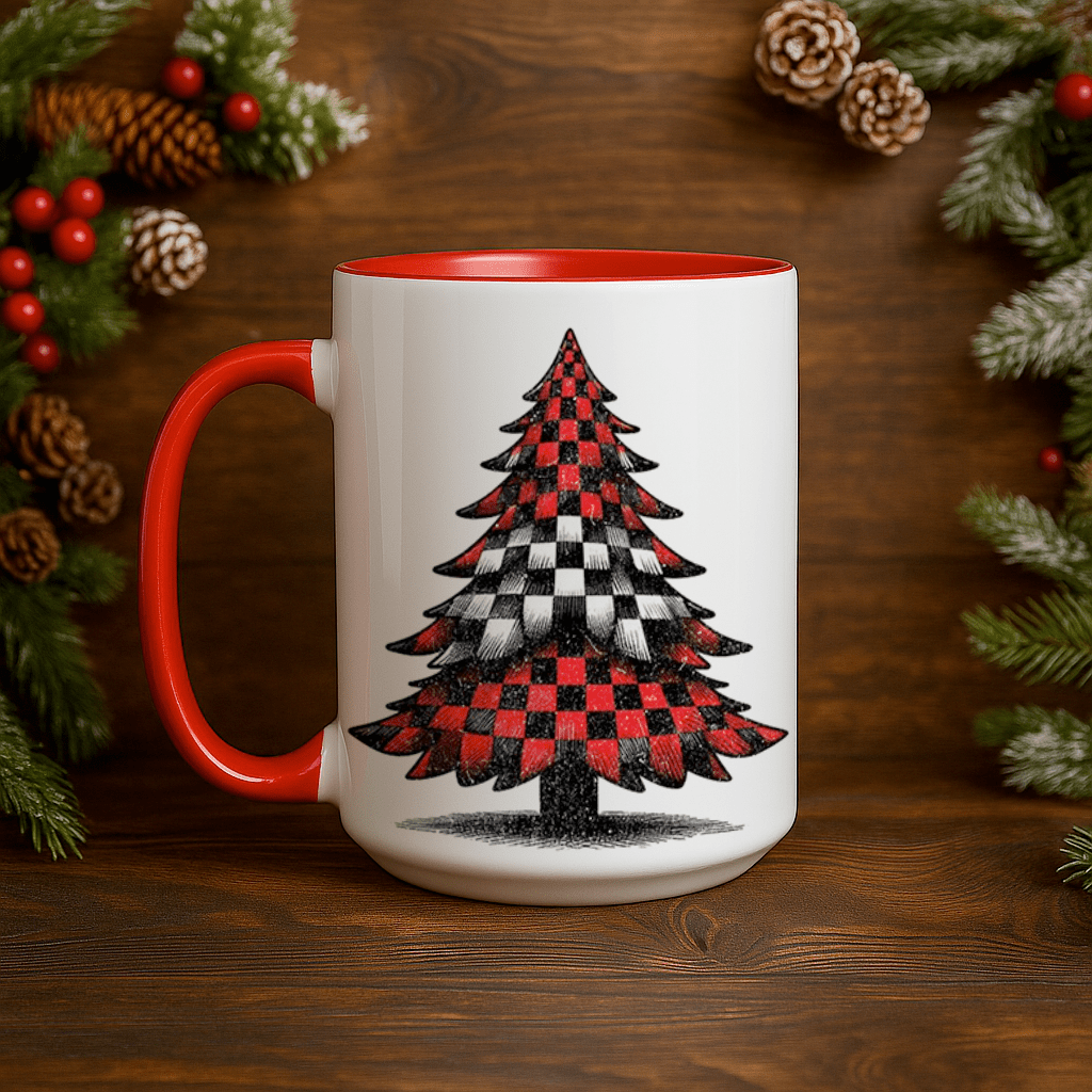 15oz Ceramic Mug - Checkered Tree - Pressing Images