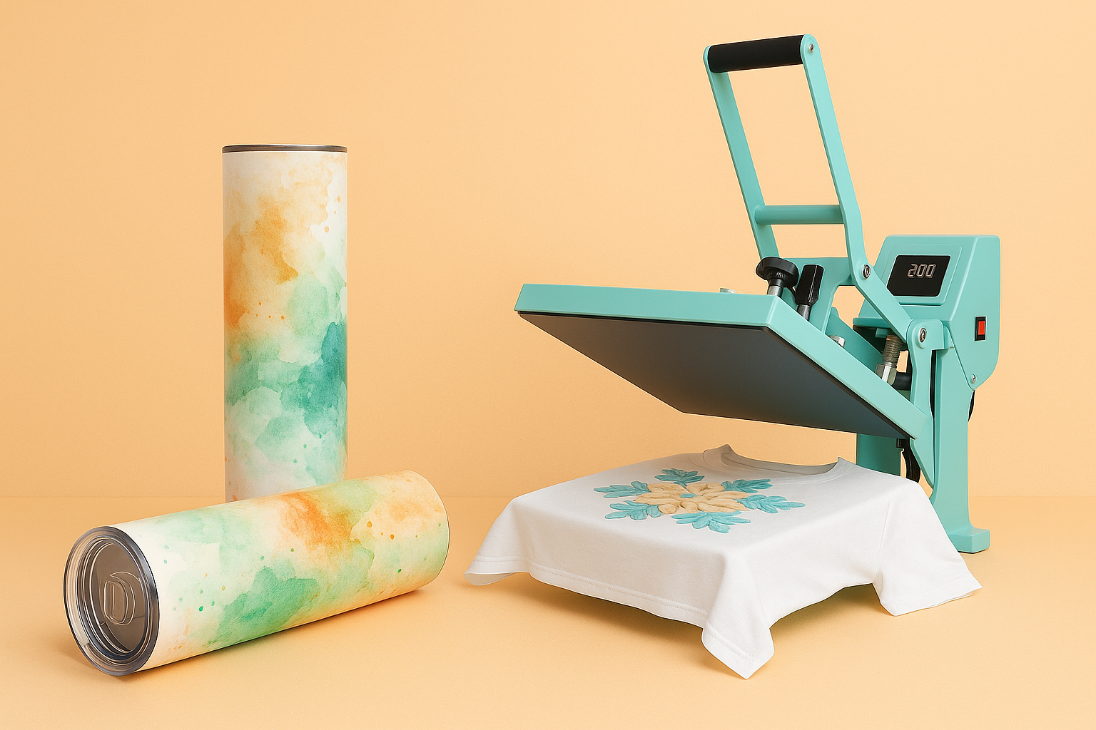 Heat press machine with a t-shirt and colorful tumbler on a beige background