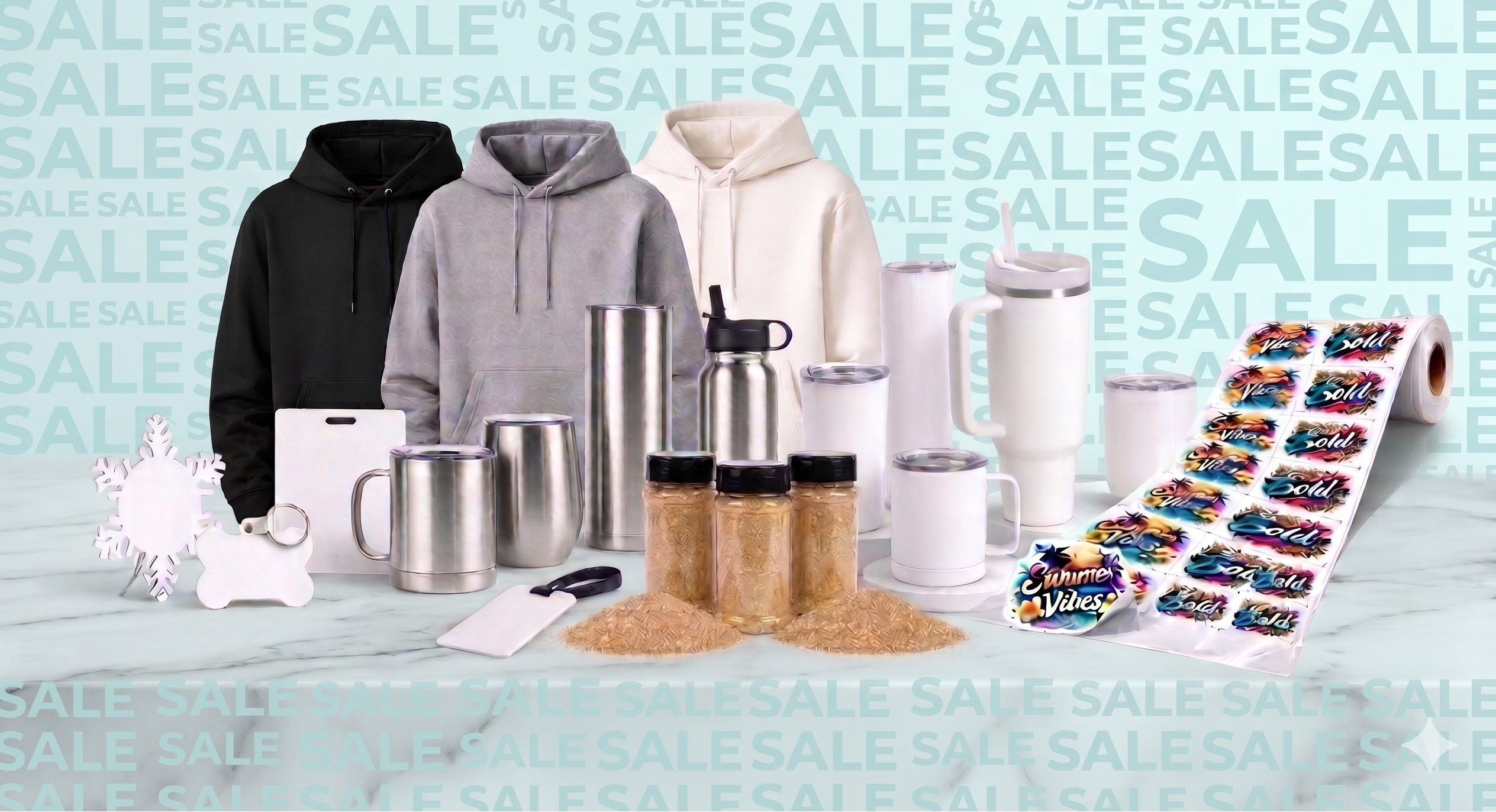 Collection of promotional items including hoodies, tumblers, and stickers on a light blue background with 'SALE' text.