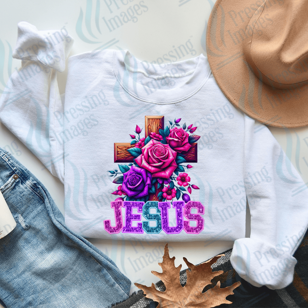 DTF 2106 Jesus Floral Cross - Pressing Images