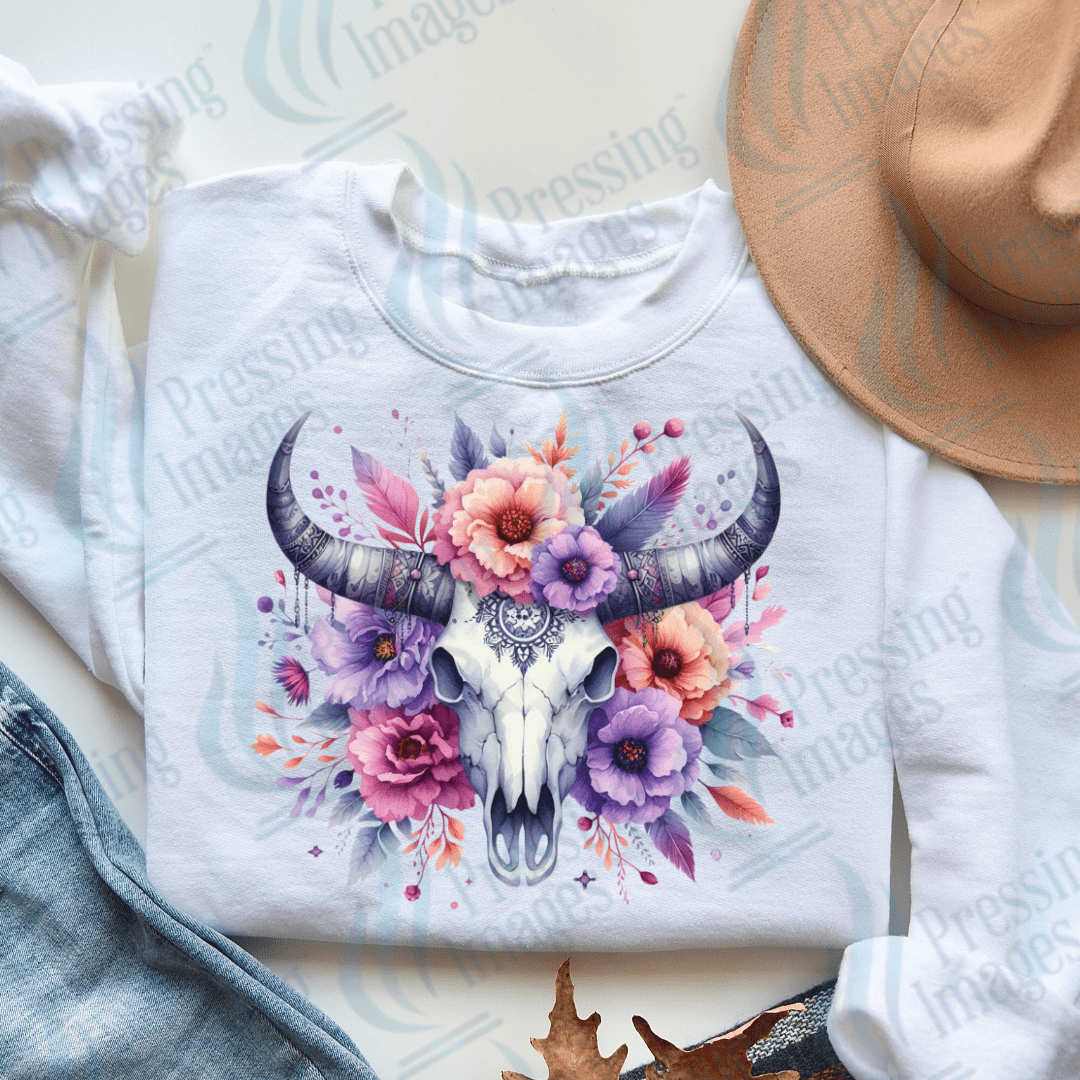 DTF 3166 Boho pink purple orange bull skull - Pressing Images
