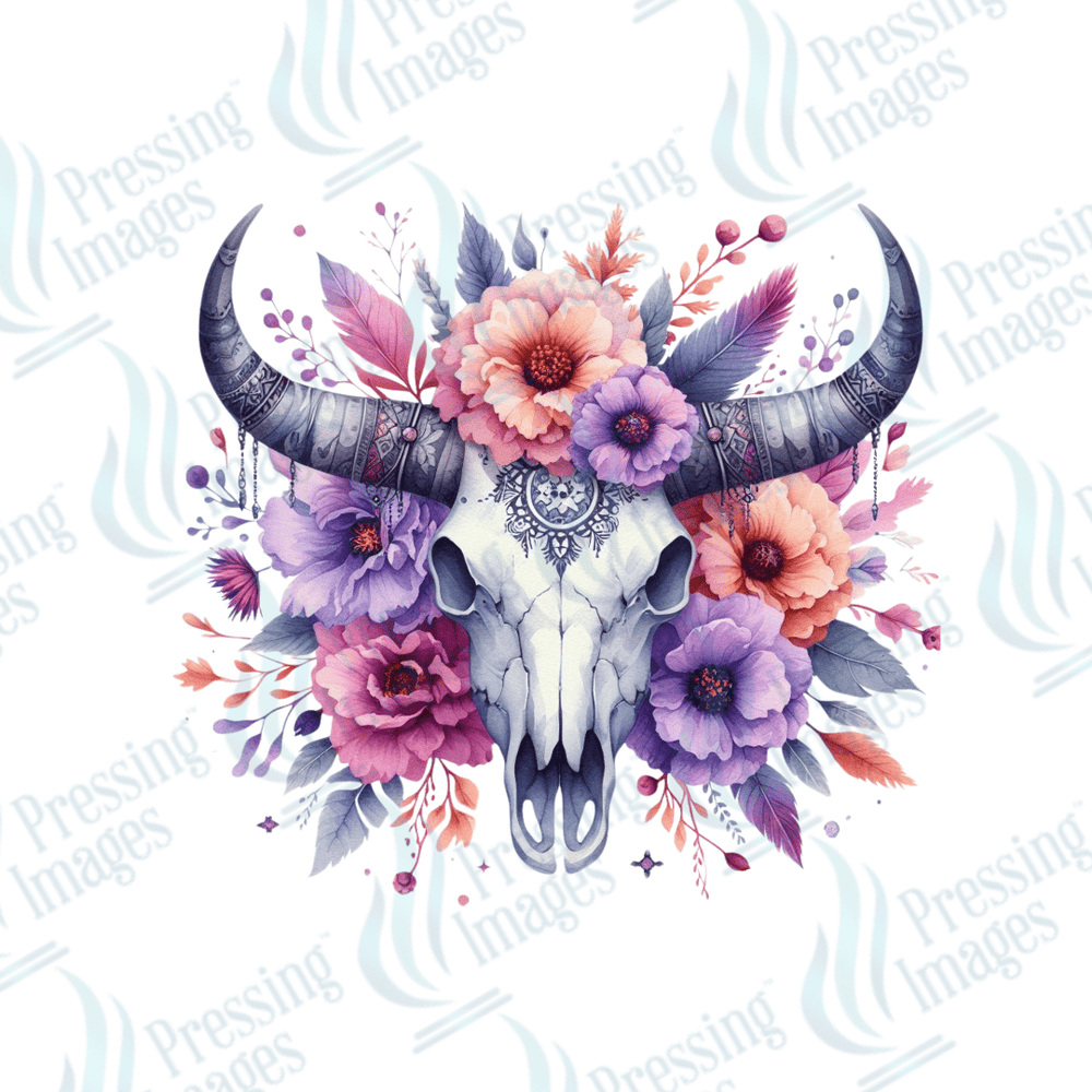 DTF 3166 Boho pink purple orange bull skull - Pressing Images