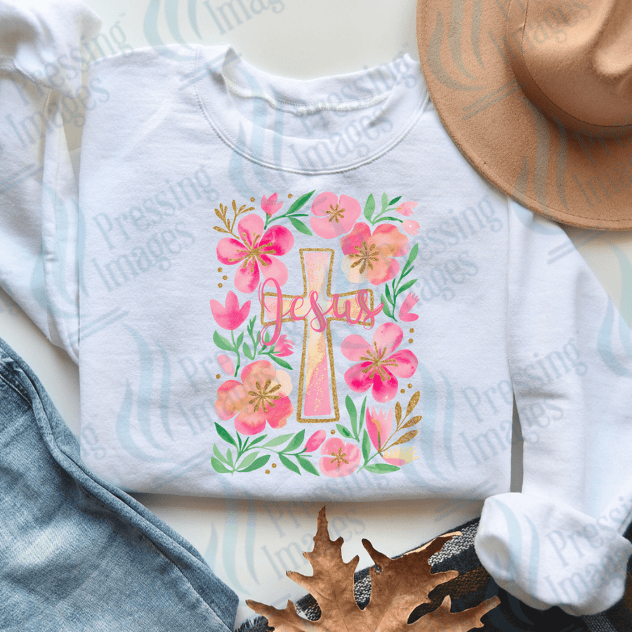 DTF 3644 Jesus Cross Floral - Pressing Images