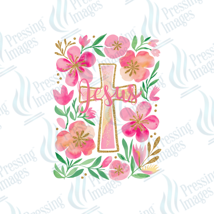 DTF 3644 Jesus Cross Floral - Pressing Images