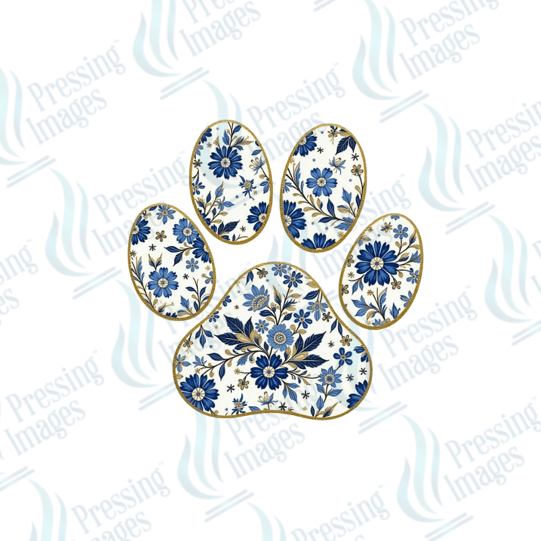 DTF 3718 Blue Floral Paw Print - Pressing Images