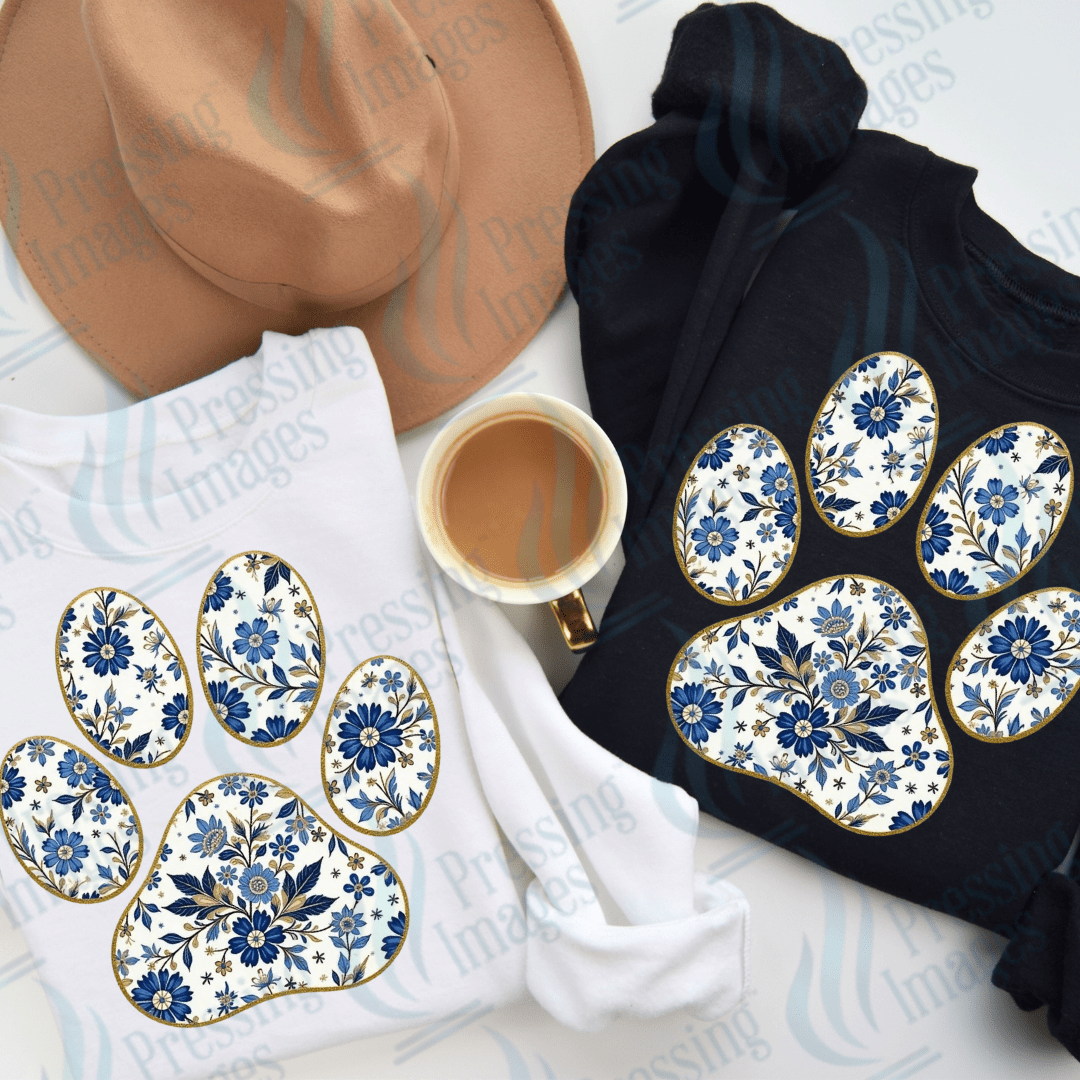 DTF 3718 Blue Floral Paw Print - Pressing Images