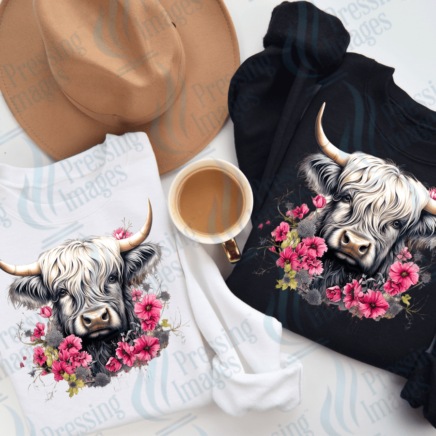 DTF 3720 Highland Cow With Pink Flowers - Pressing Images