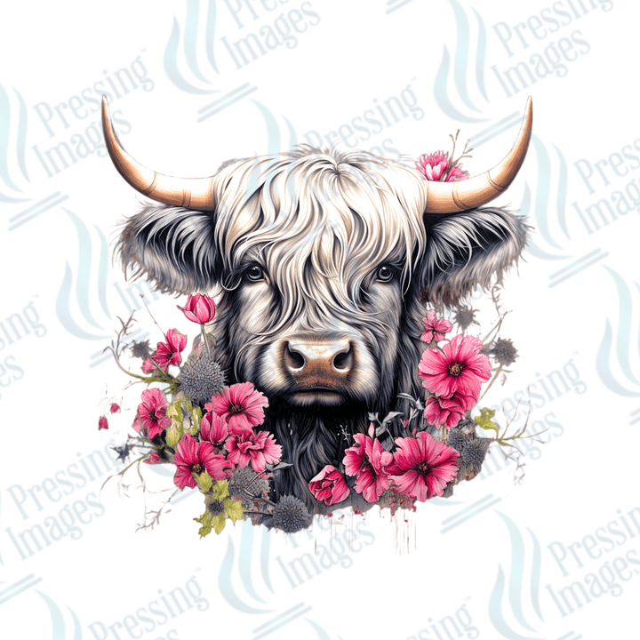 DTF 3720 Highland Cow With Pink Flowers - Pressing Images