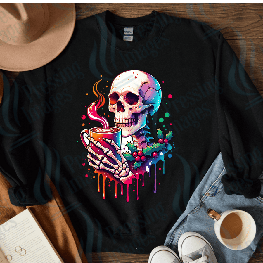 DTF 4050 Christmas skeleton holding coffee - Pressing Images