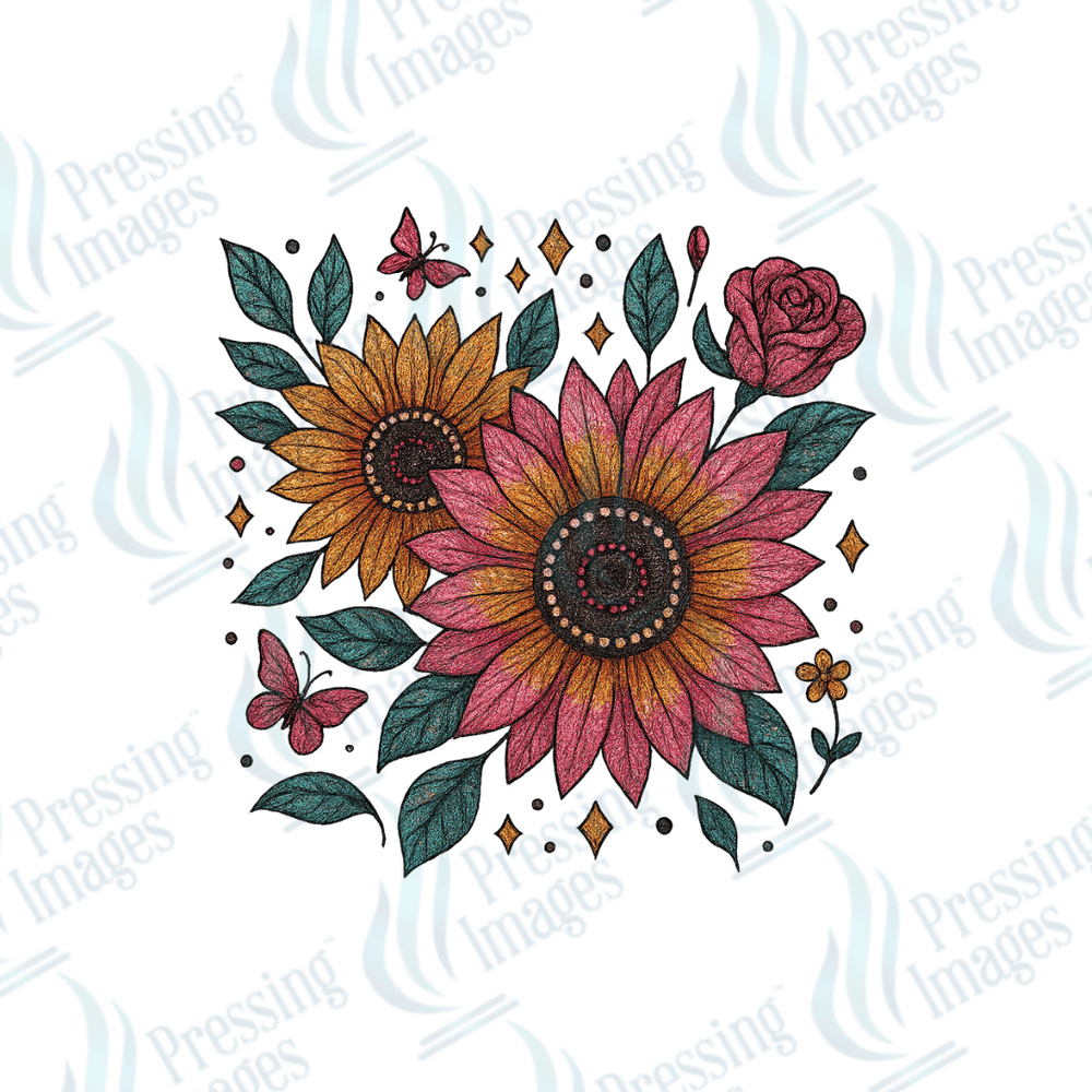 DTF 6116 Pink Flowers and Butterflies - Pressing Images