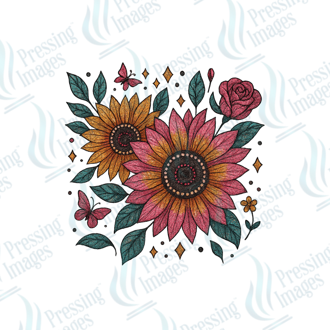 DTF 6116 Pink Flowers and Butterflies - Pressing Images