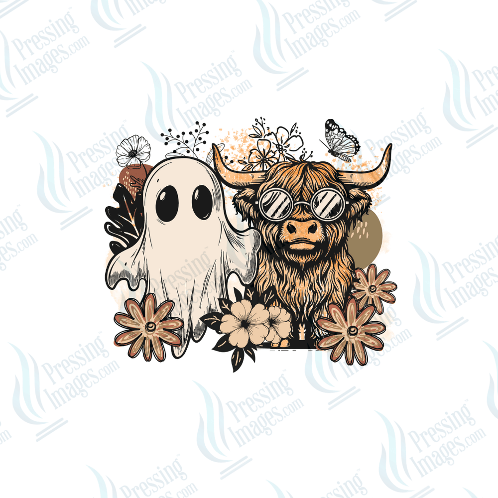 DTF 6628 Boho Ghost Highland Cow - Pressing Images