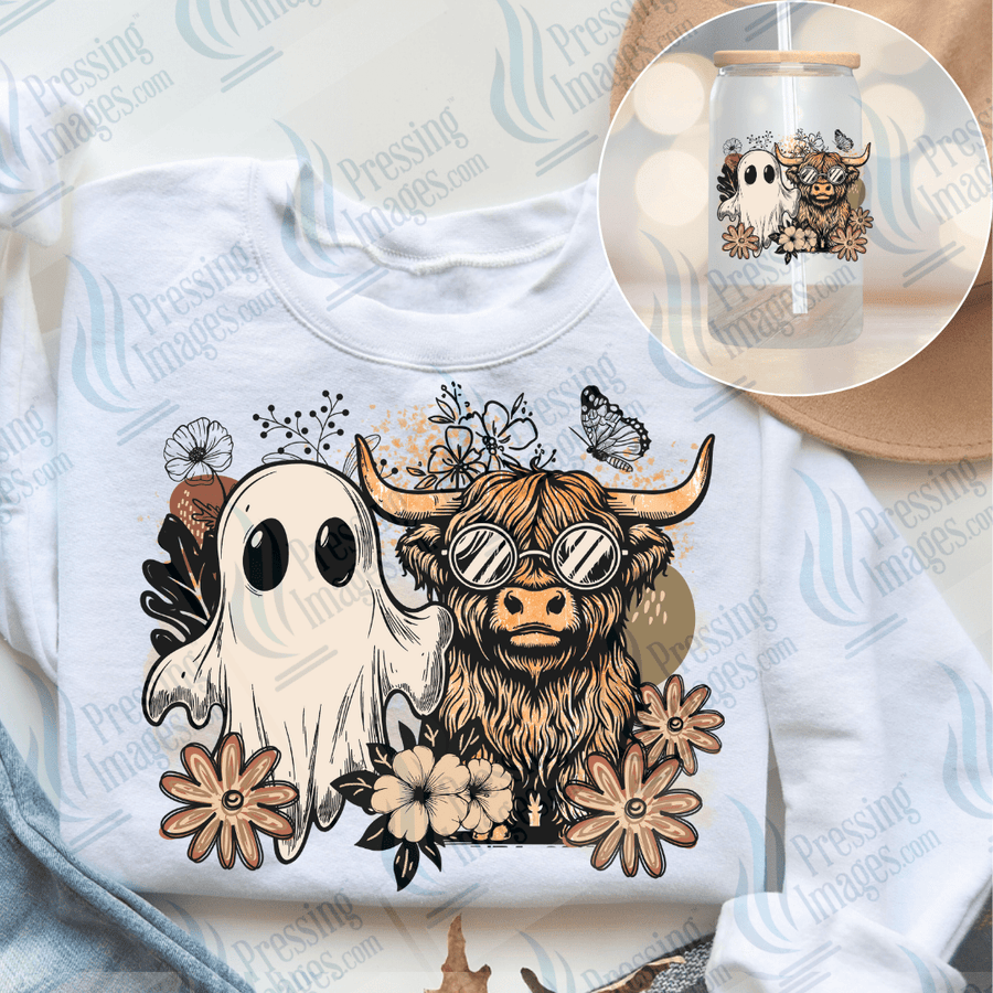 DTF 6628 Boho Ghost Highland Cow - Pressing Images