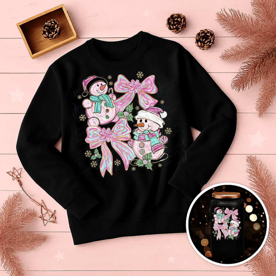 DTF 6727 Pink Snowmen and Bows - Pressing Images