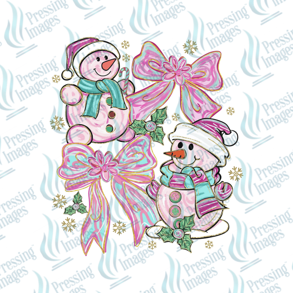 DTF 6727 Pink Snowmen and Bows - Pressing Images