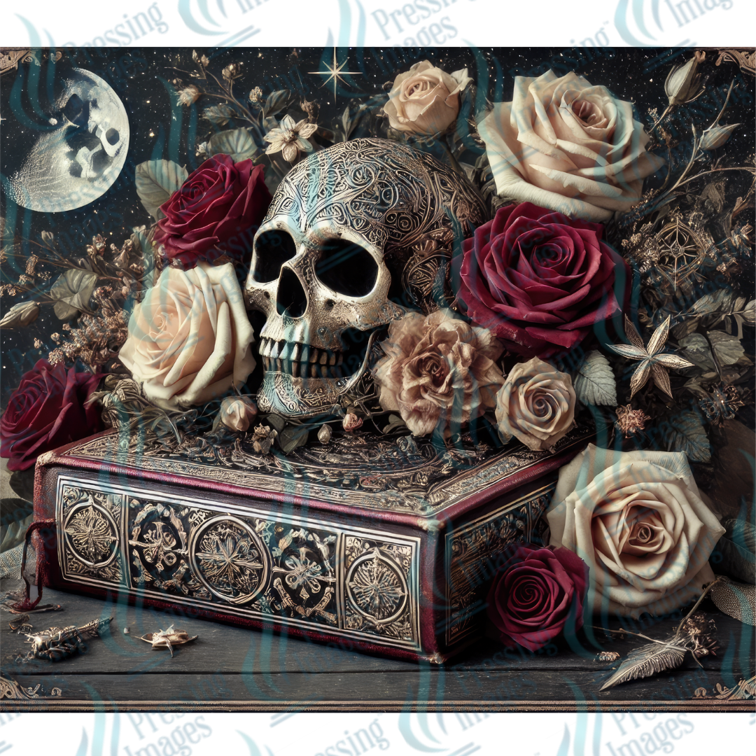 Skull and Books — detail view — Pressing Images Canada