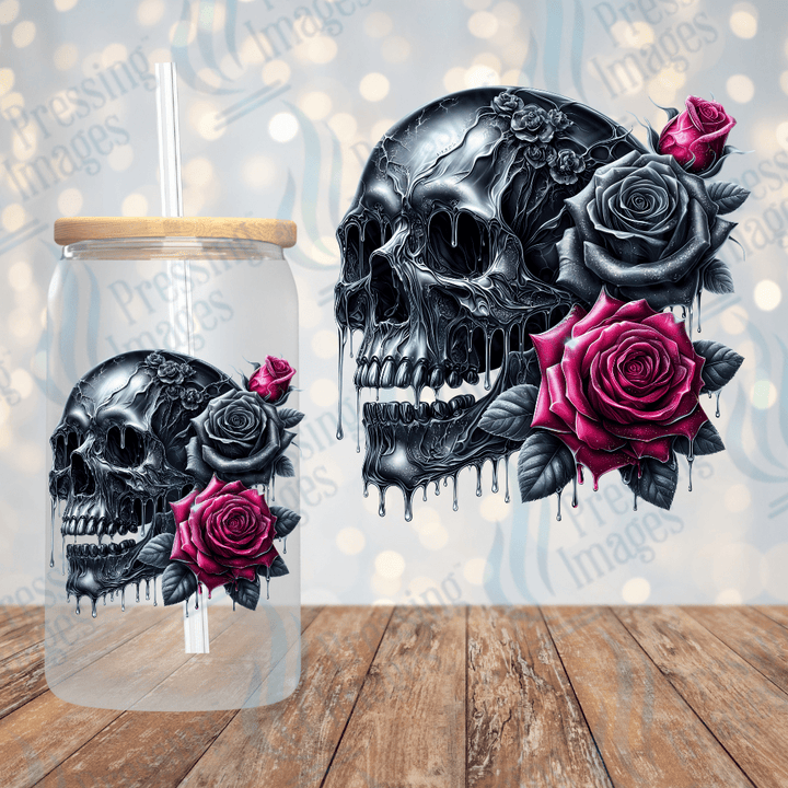 UVD 1756 Black skull pink roses - Pressing Images