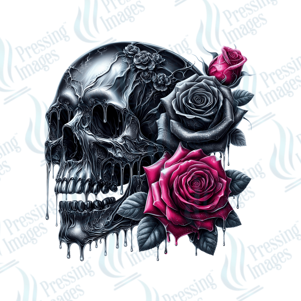 UVD 1756 Black skull pink roses - Pressing Images