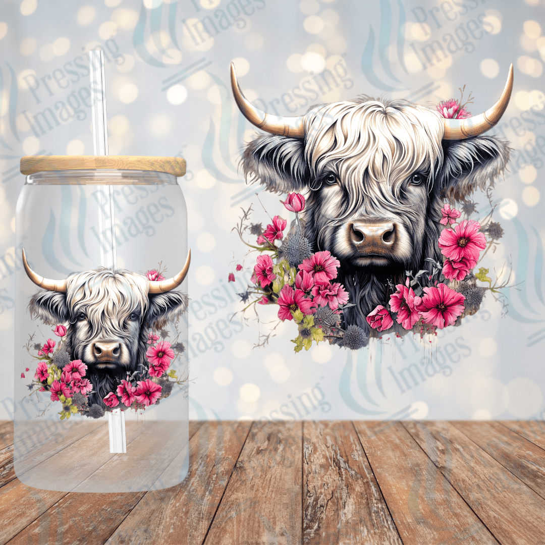 UVD 2190 Highland Cow with Pink Flowers - Pressing Images