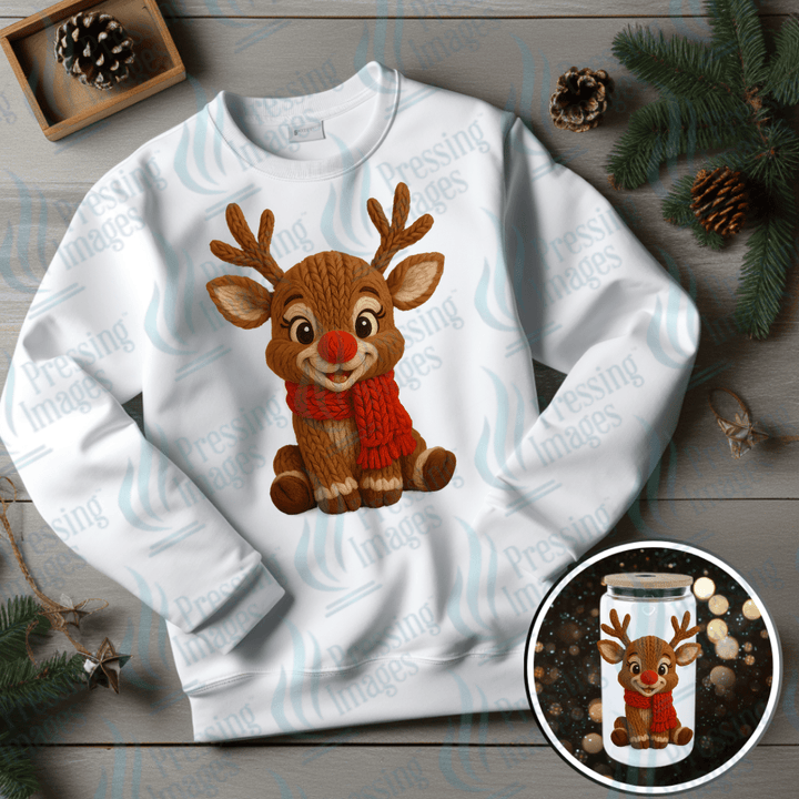 UVD 6709 Yarn Red Scarf Reindeer - Pressing Images