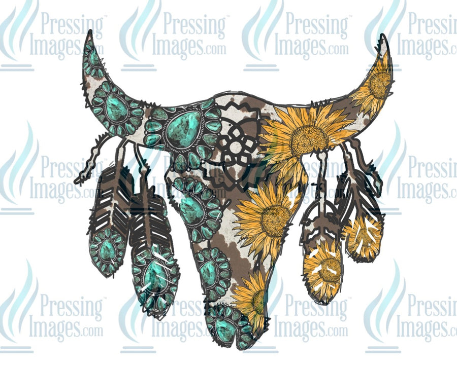 Decal:  Bull skull with feathers