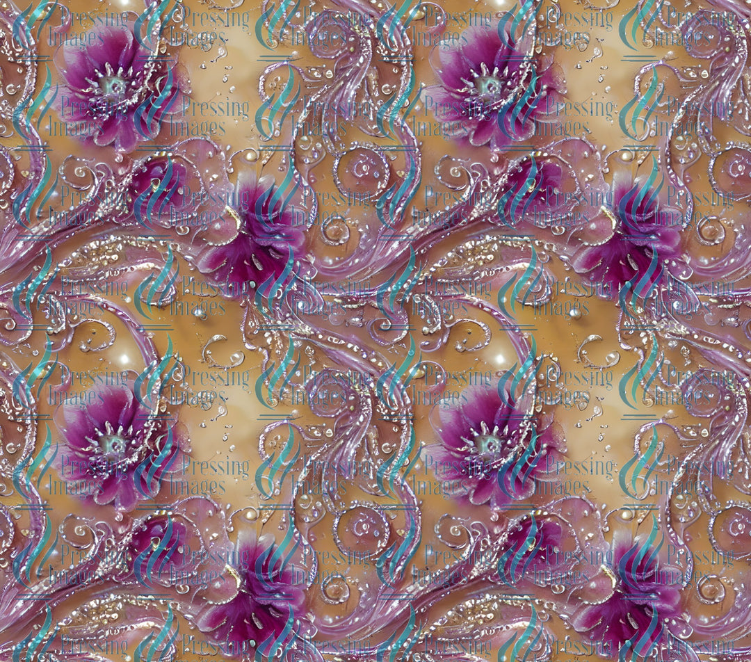 purple flowers on a copper/gold background.  Sublimation wrap for tumblers and epoxy