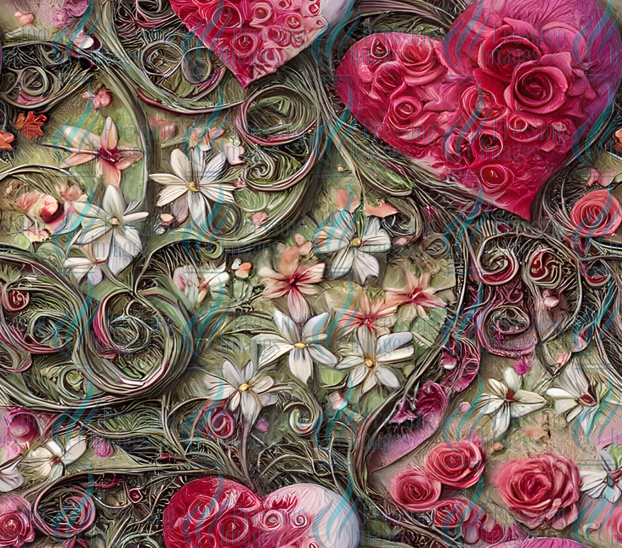 hearts, roses and flowers on a filagree background for art and craft use.  Sublimation wraps