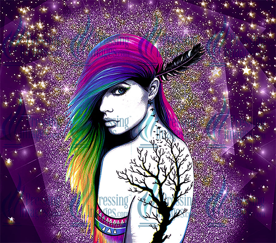 women with feather in rainbow hair tumbler wrap for sublimation, epoxy and vinyl art