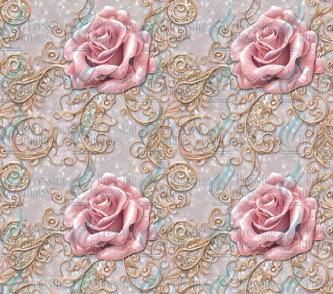pink roses with gold filigree tumbler wrap for sublimation, epoxy and vinyl use