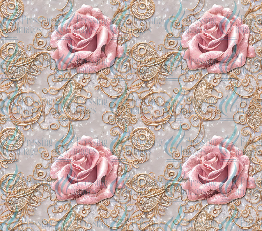 pink roses with gold filigree tumbler wrap for sublimation, epoxy and vinyl use