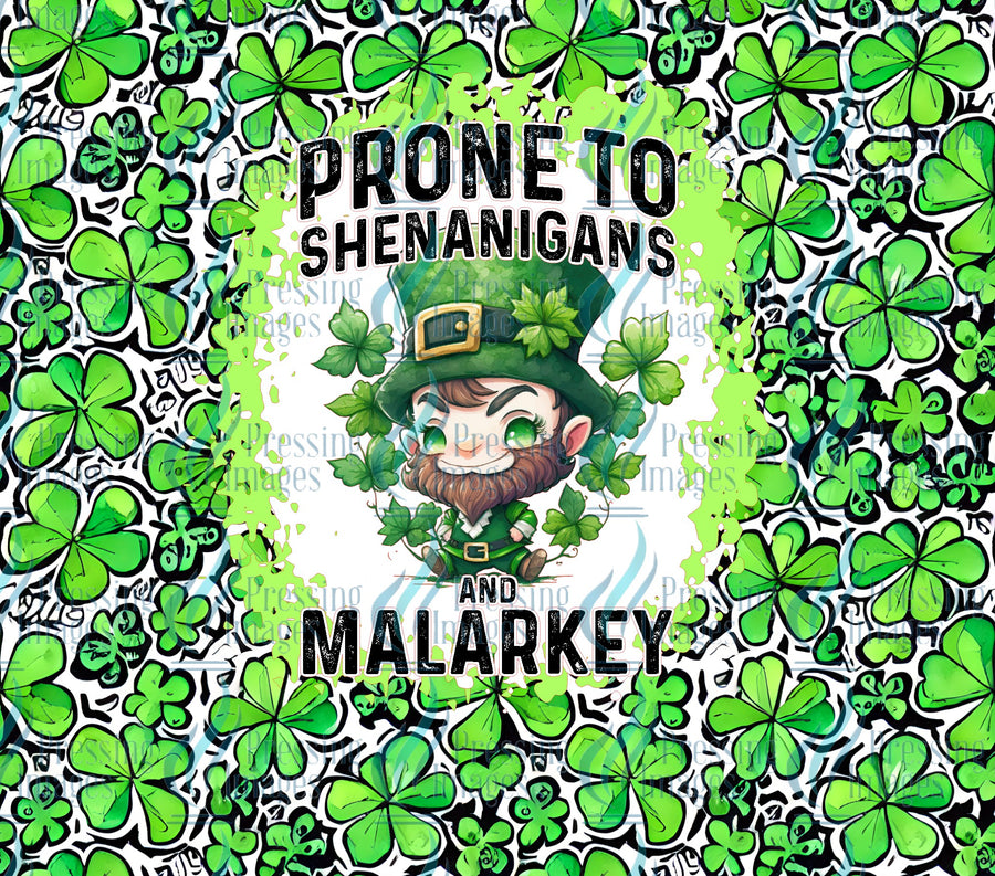Prone to shenanigans and malarkey st. patricks day wrap with clovers and a leprechaun tumbler wrap for sublimation, epoxy and vinyl