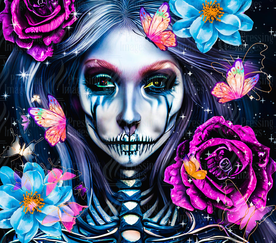 Women with skull paint, butterflies and flowers on a black background.  Tumbler wrap for sublimation, vinyl and epoxy use.  Blue and pink colours