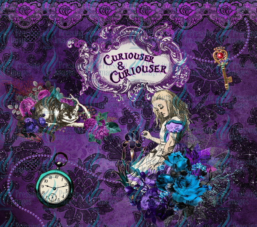 Alice in Wonderland tumbler wrap pattern with a clock, key and cat.  Sublimation, epoxy and vinyl 