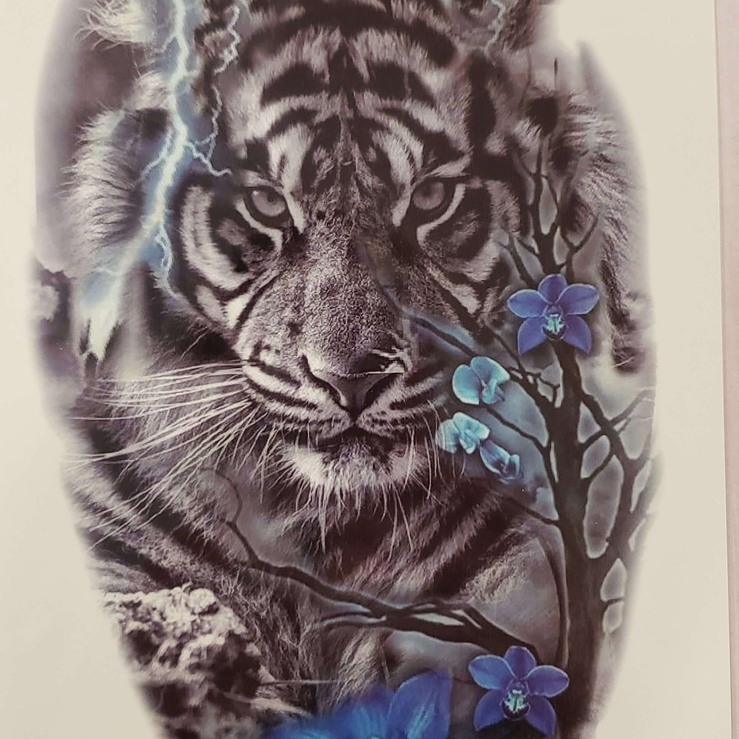 B&W Tiger/ flowers -198- 8"x 6" Temporary Tattoo