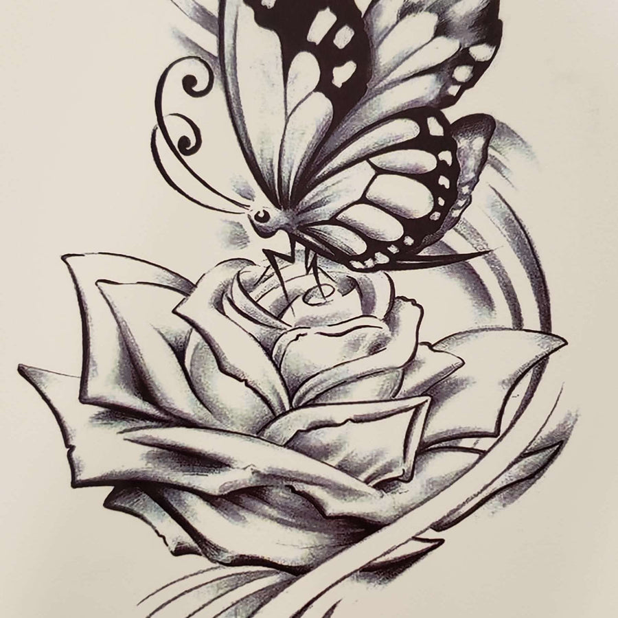 B&W Butterfly/Rose - 742- 8"x 6" Temporary Tattoo