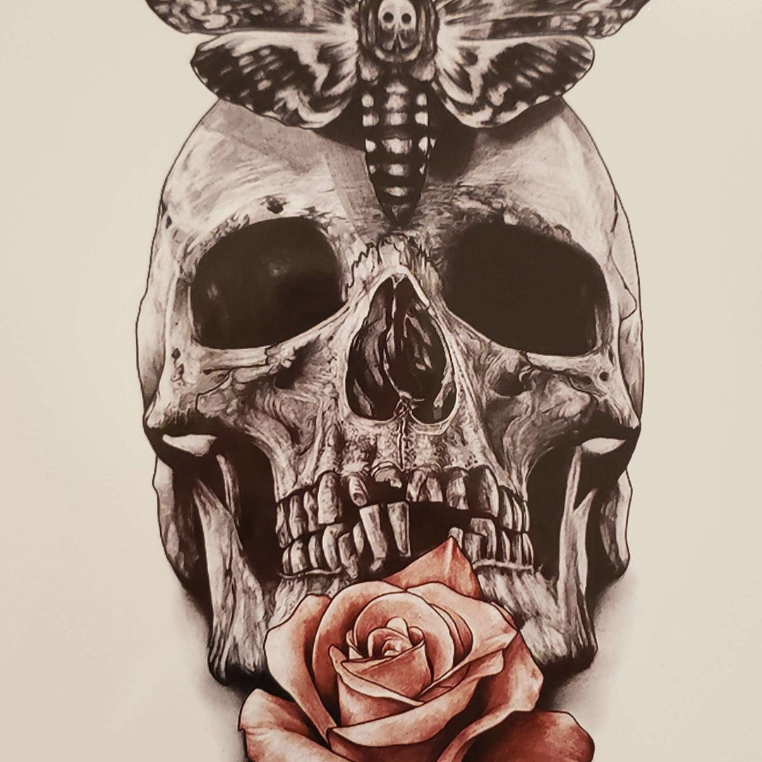 Butterfly Rose Skull- 123 - 8"x 6" Temporary Tattoo