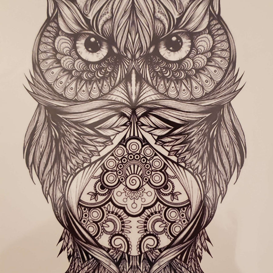 B&W Owl- 062 - 8"x 6" Temporary Tattoo