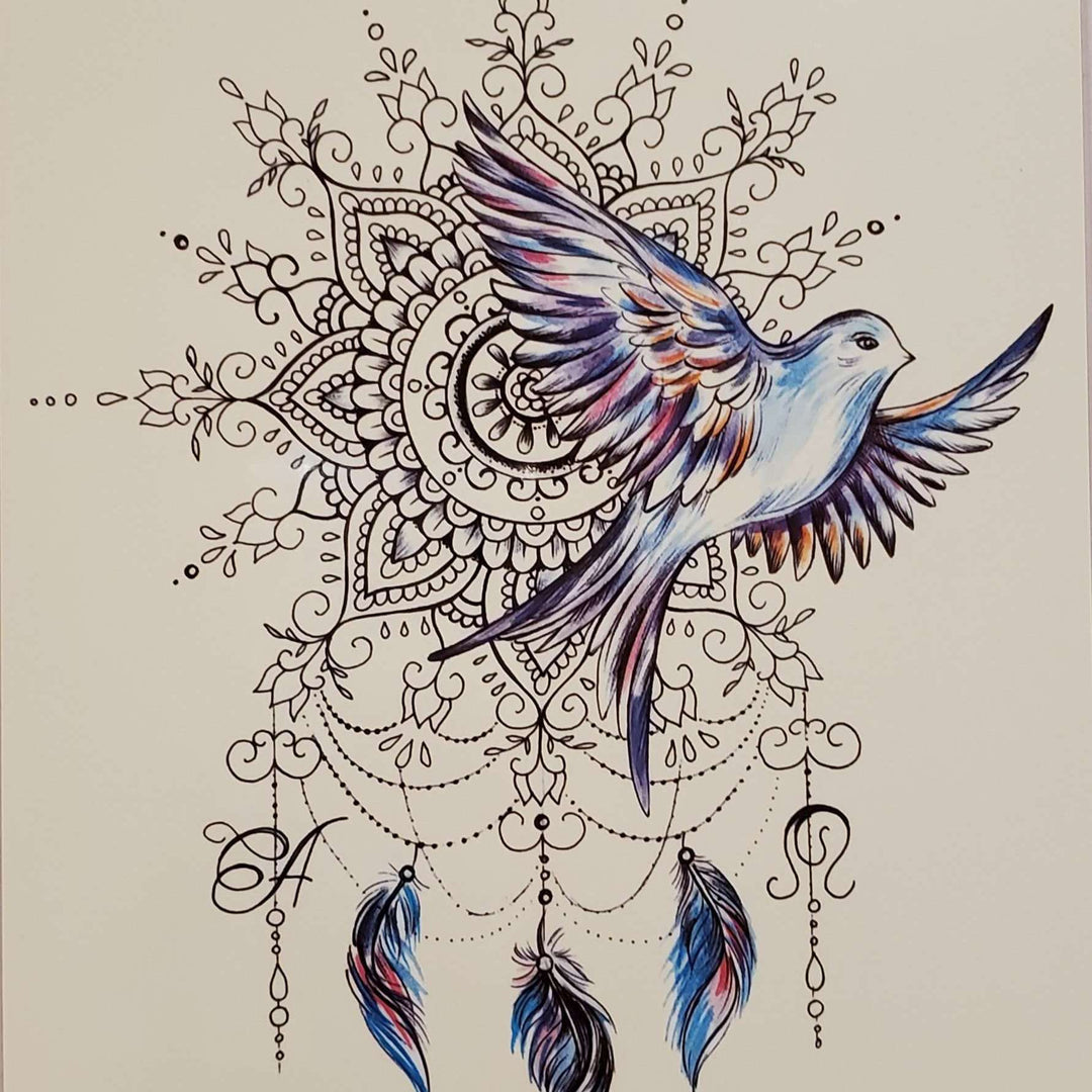 Dream Catcher Bird of a Feather - 265 - 8"x 6" Temporary Tattoo