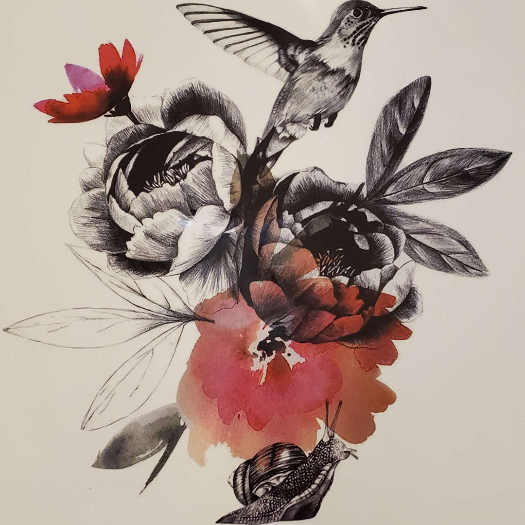 Flower Hummingbird - 202 - 8"x 6" Temporary Tattoo