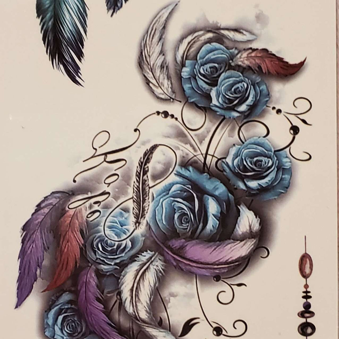 Feather Rose Medium Multi Tattoo - 004- 7.5"x 3.5"