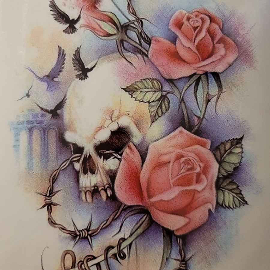 Skull Flowers- 159- 8"x 6" Temporary Tattoo