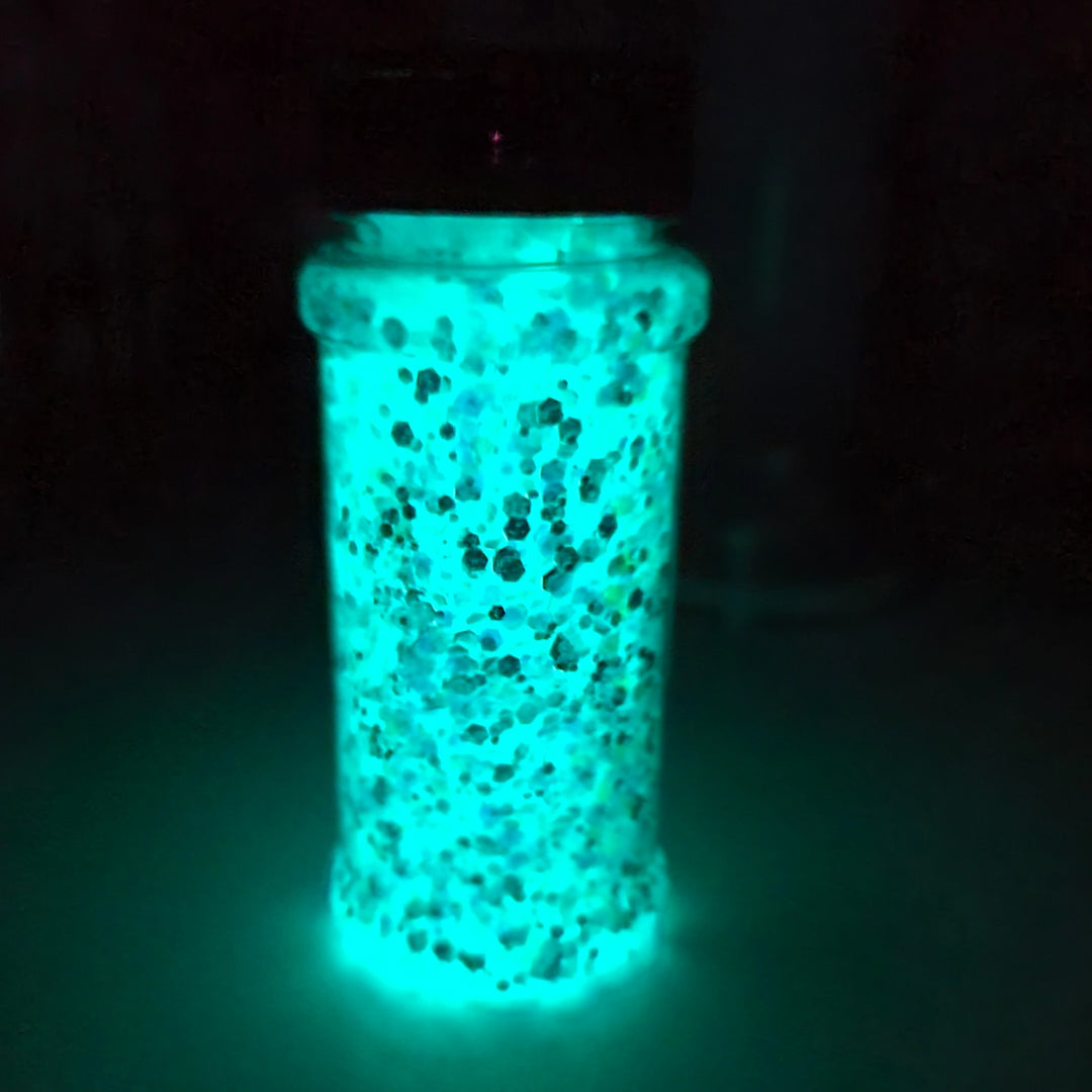 Magic Mirror Glow in the dark glitters (Glows Aqua Blue) in a bottle