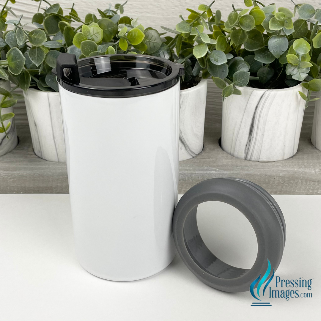 4 in 1 tumbler with two lids.  one grey can cooler lid and one traditional coffee tumbler lid