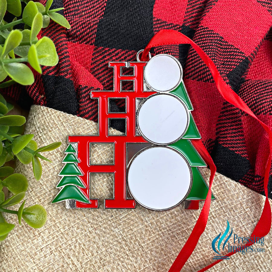 HO HO HO Christmas ornament with sublimation ready circles.  Red ribbon and letters with a green Christmas tree