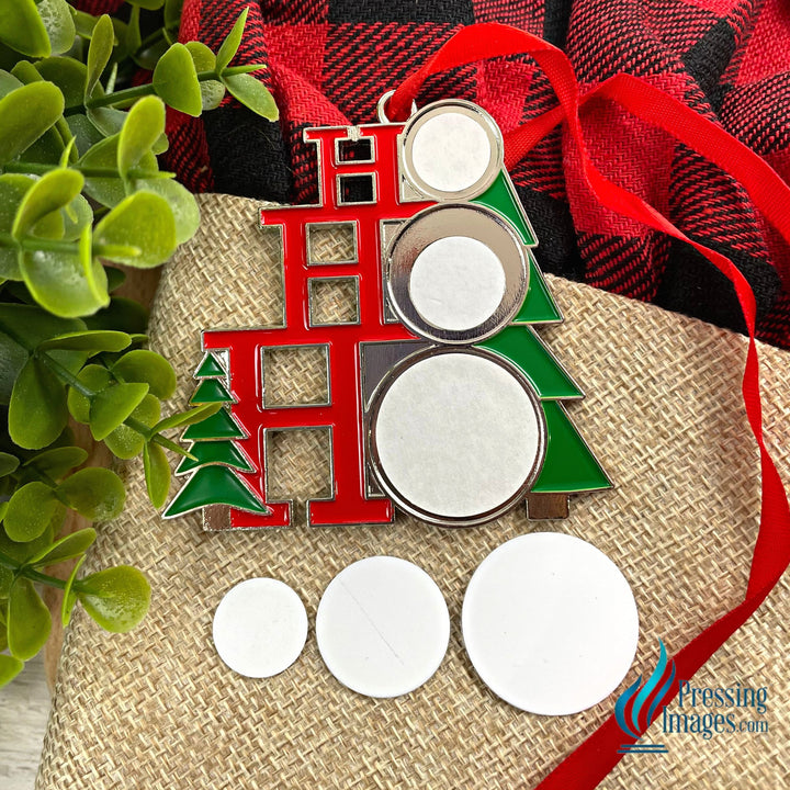 HO HO HO Christmas ornament with three sublimation circles to customize ornament.  Comes with a red ribbon
