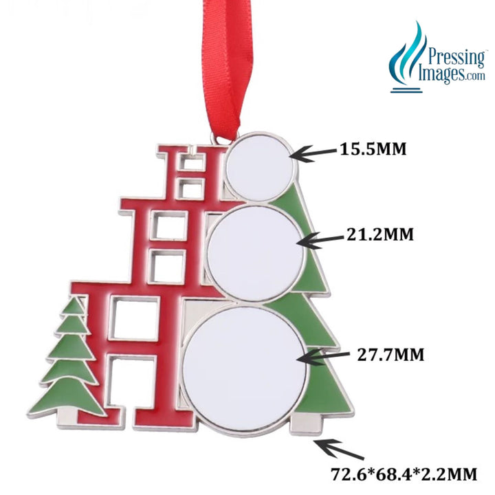HO HO HO Ornament with red ribbon showing the measurements of customizable circle areas