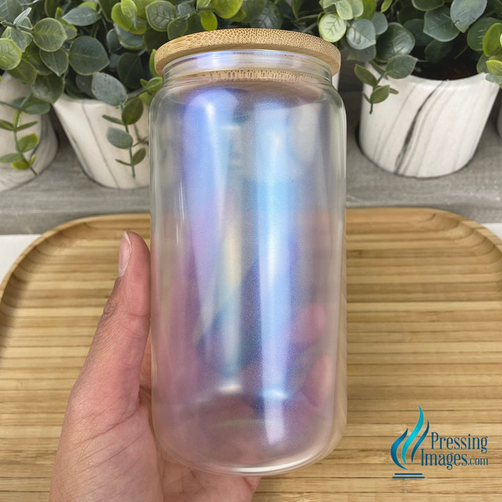 Iridescent 16oz Glass Can with Bamboo Lid for Sublimation