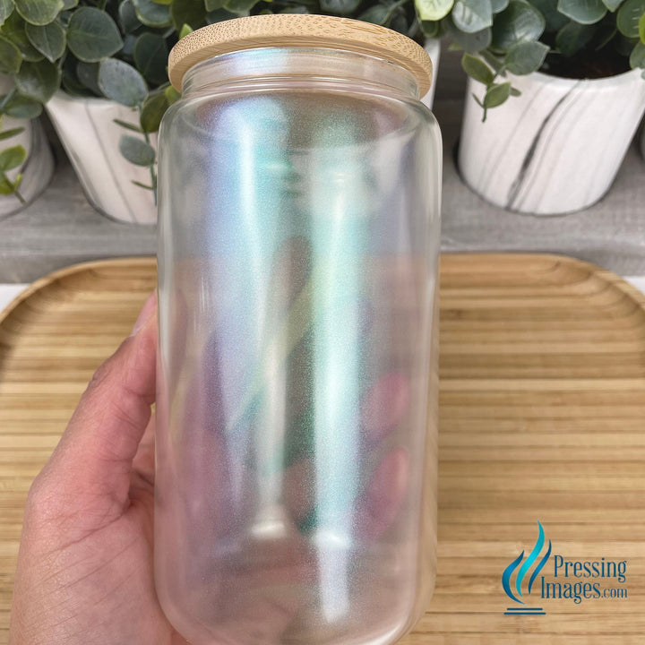 Iridescent 16oz Glass Can with Bamboo Lid for Sublimation